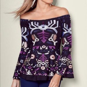Venus Aztec peplum off the shoulder embroidered top